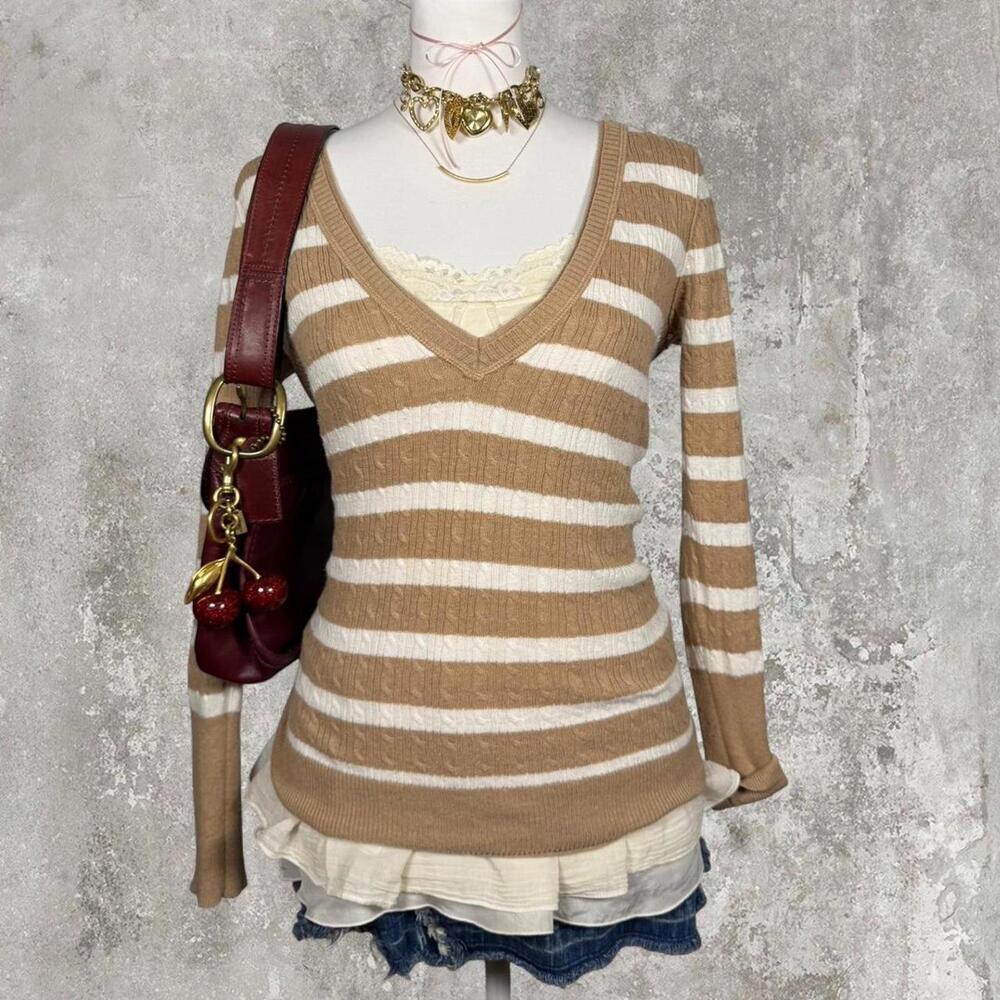 y2k brown stripped cableknit long‎ sleeve sweater